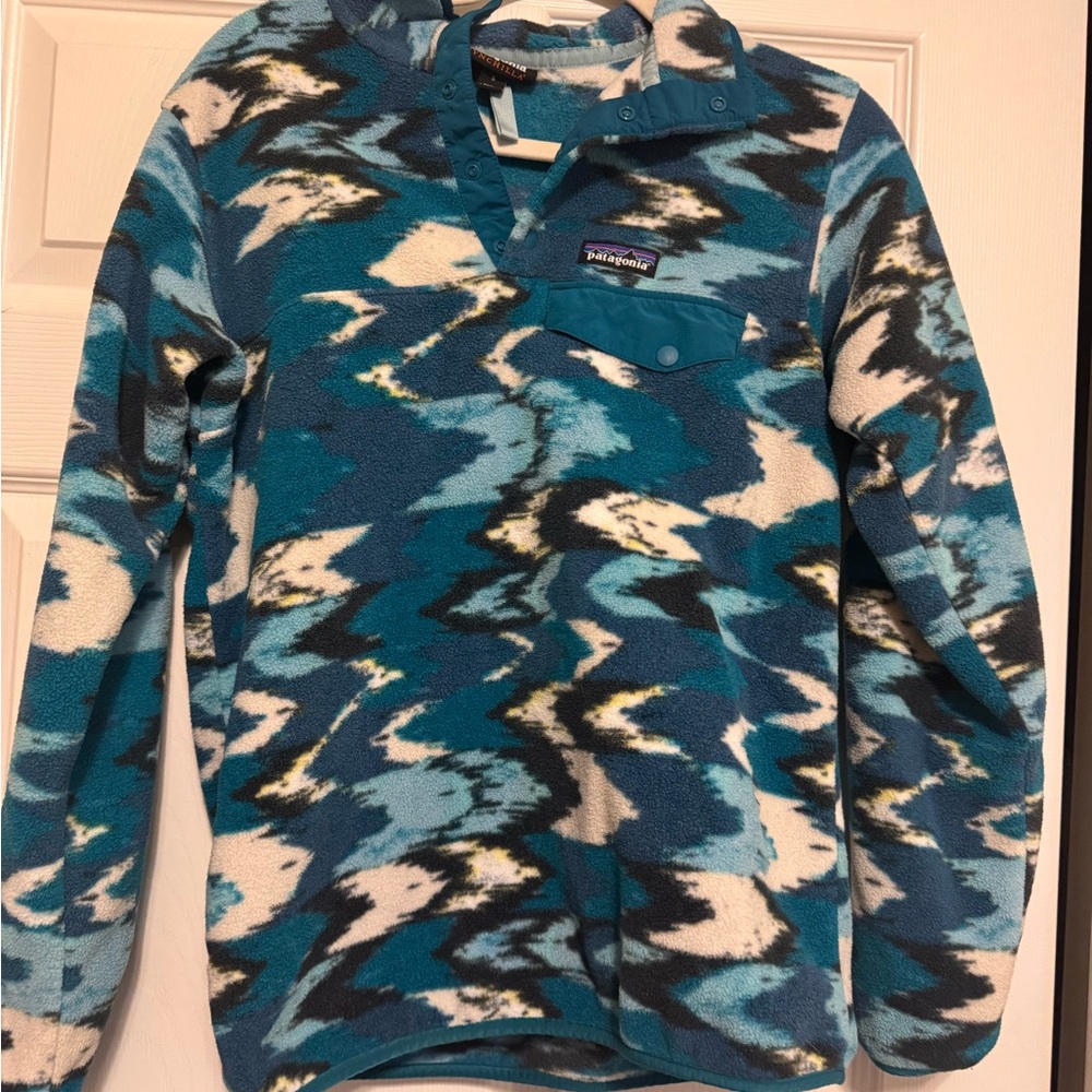 Patagonia Synchilla Fleece Women's Adult Medium Trout Tales Elwha Blue Mock Neck